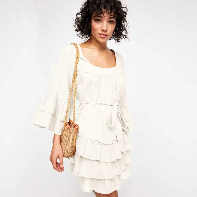 Boho вдохновил Ruffled квадратный средства ухода за кожей шеи V назад труба рукав