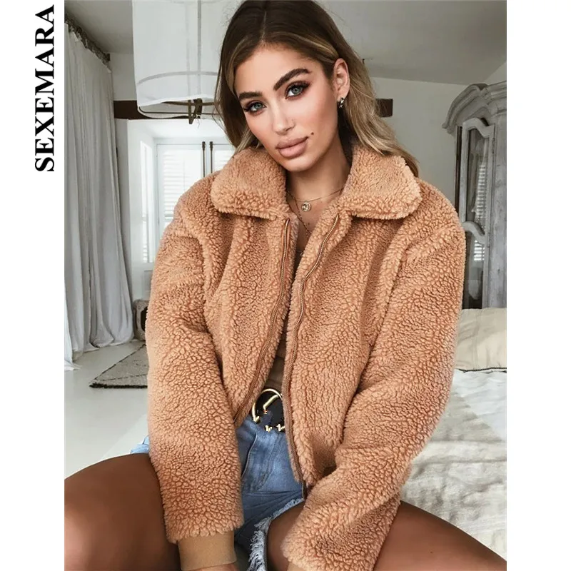 CAMEL BOOFEENAA теплое шерстяное пальто для женщин осень зима модная флисовая куртка на молнии уличная одежда пальто с мишкой Тедди верхняя одежда C78-AE39 - Цвет: CAMEL
