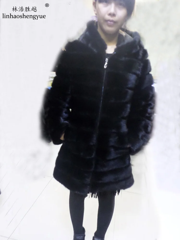 Linhaoshengyue 90CM Long Wide Mink Fur Coat  with  Hood enlarge