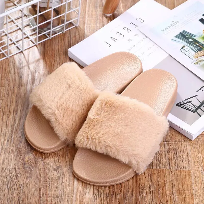 Тапочки женские zapatos mujer слипоны ползунки пушистого искусственного меха плоской