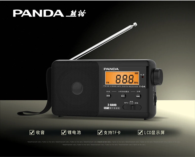Panda T-04 цифровой дисплей TF карта FM AM двухполосная литиевая батарея Зарядка портативное радио