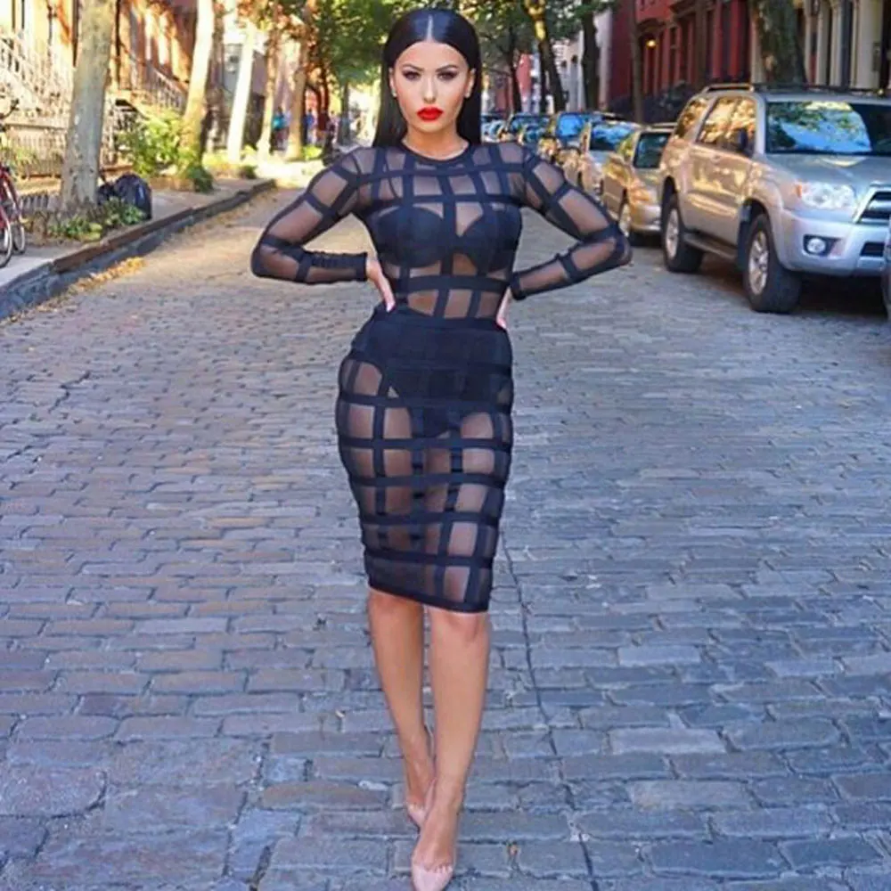 Прозрачное Черное Сетчатое платье длиной до колена из вискозы с длинным рукавом