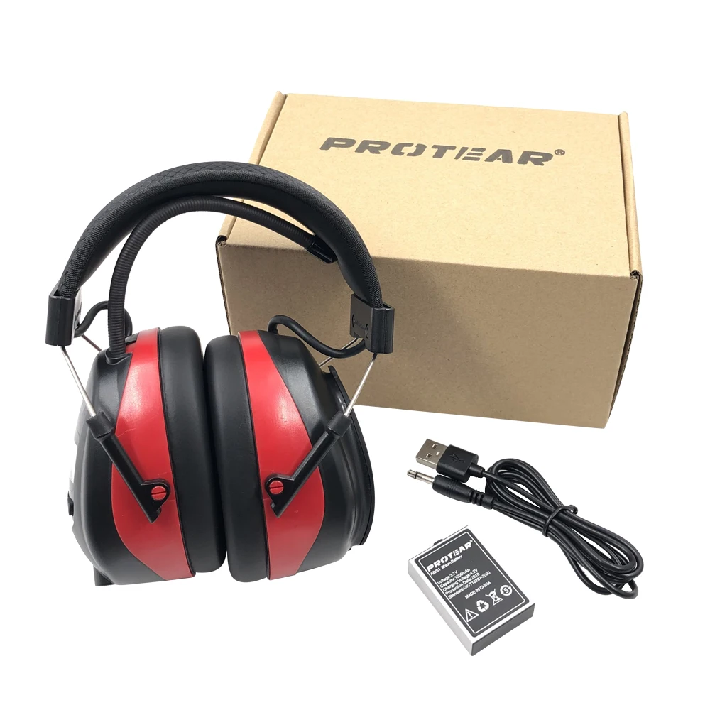 Protear NRR 25dB Hearing Protection AM FM Radio 1200 mAh Rechargeable Lithium Battery Earmuffs Electronic Ear Protection Red