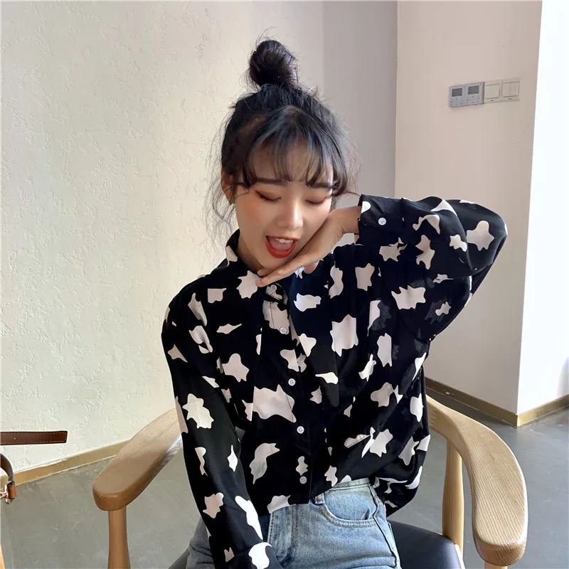 Женская одежда повседневная свободная весенне-осенняя блузка с отложным