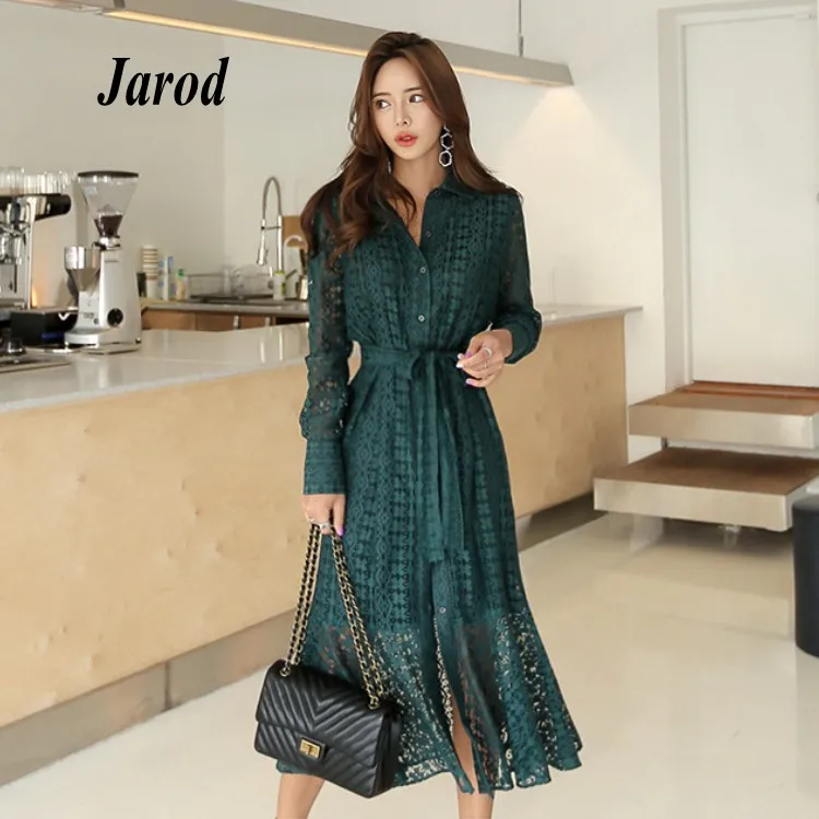

Vintage Hollow-out Lace Women Long Dress Single Breasted Bandage Elegant Mermaid Female Dress Full Sleeve Autumn Vestidos femme