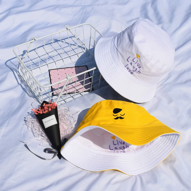 Bucket Hats Women Sun Shading Flat Letter Embroidered Fisherman Hat Korean Style Solid Double-sided Wear Casual Womens Trendy