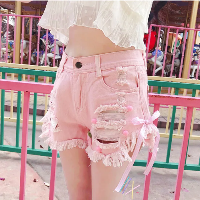 Летние джинсовые шорты Kawaii Junior, женские корейские шорты с дырочками, розовые, белые джинсы с бантом, Женские повседневные шорты с дырками
