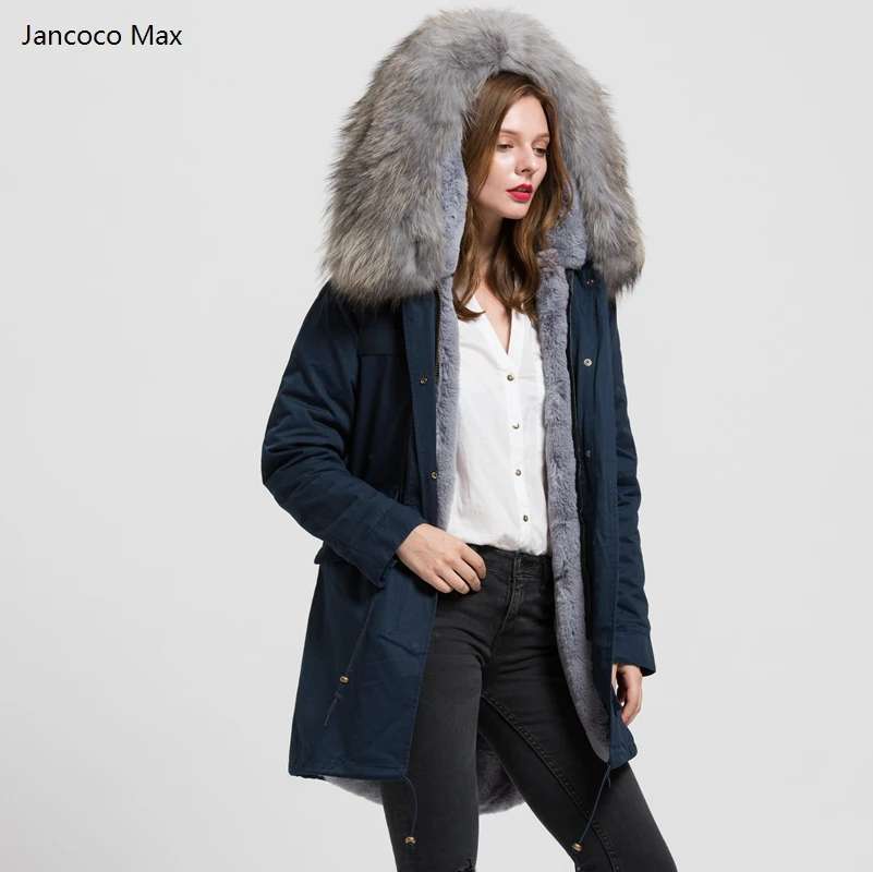 Jancoco Max темно-синяя/зеленая/черная длинная куртка для женщин, настоящий Енот, большой меховой воротник, Верхняя теплая парка с меховой подкладкой, пальто со съемным S1544