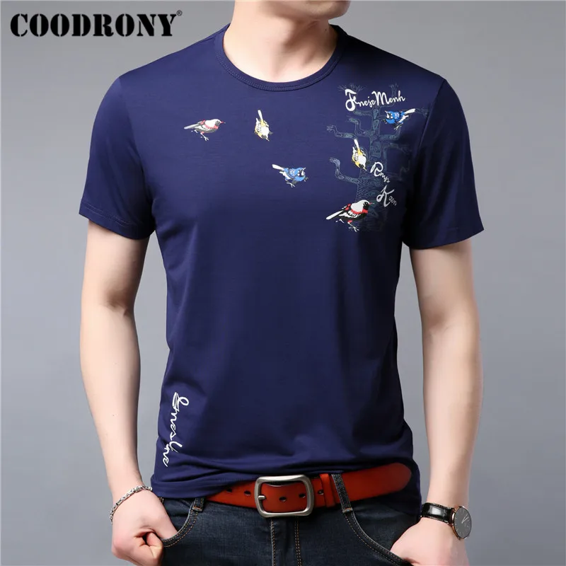 Синий COODRONY, Мужская футболка, лето, Новые Топы, уличная одежда, повседневная футболка с коротким рукавом, Мужская футболка с рисунком птиц и круглым вырезом, Homme S95109 - Цвет: Синий