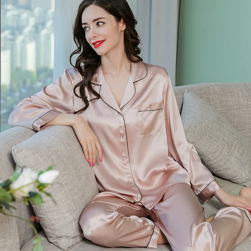 Real Silk Pajama Sets Female Summer Long-Sleeve Two-Piece 100% SILK Sleepwear Woman Soft Cool Nightwear Homewear T77166