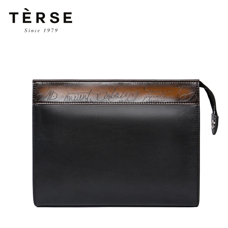 

TERSE 2018 Men`s Handbag Genuine Leather Patchwork Handmade Clutches Vintage Large Capacity with Card, Zipper Pocket DT0343-1