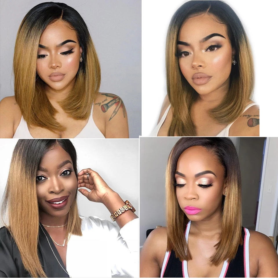 Brazilian Lace Front Human Hair Wigs Straight Short Wig Pre Plucked Remy Ombre Wig Side Part 13x4 Frontal Wig 130% 150% Density