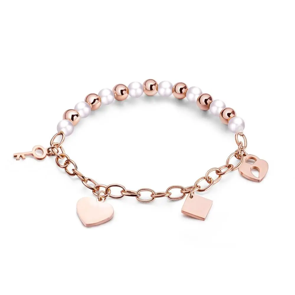 Stainless Steel Silver Rose Gold Color Love Heart Square Pattern Decorating Chain Bracelets New Fashion Jewelry Gift for Woman | Украшения