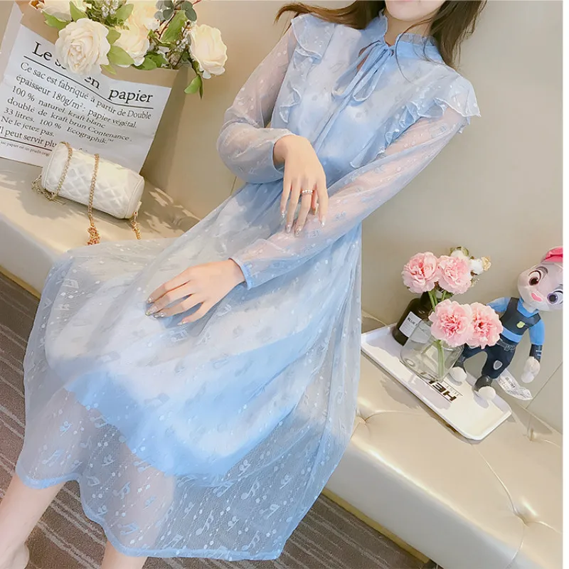 2019 Autumn Women Long Sleeve Lace Dresses Woman Korean Ruffles Lady Dress Tulle | Женская одежда