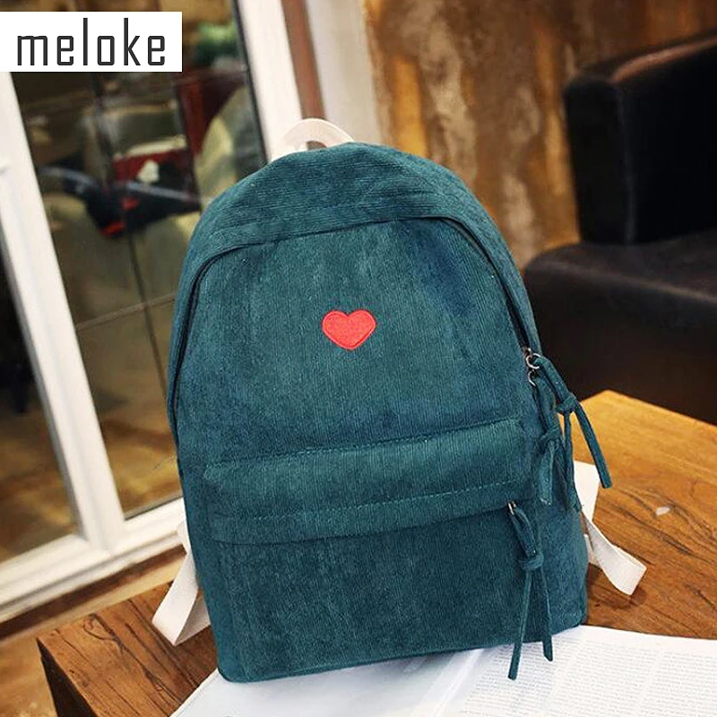 Meloke, новинка, Женский вельветовый рюкзак, Повседневный, вышивка, милое сердце, школьные сумки для девочек, Прямая поставка, MN872