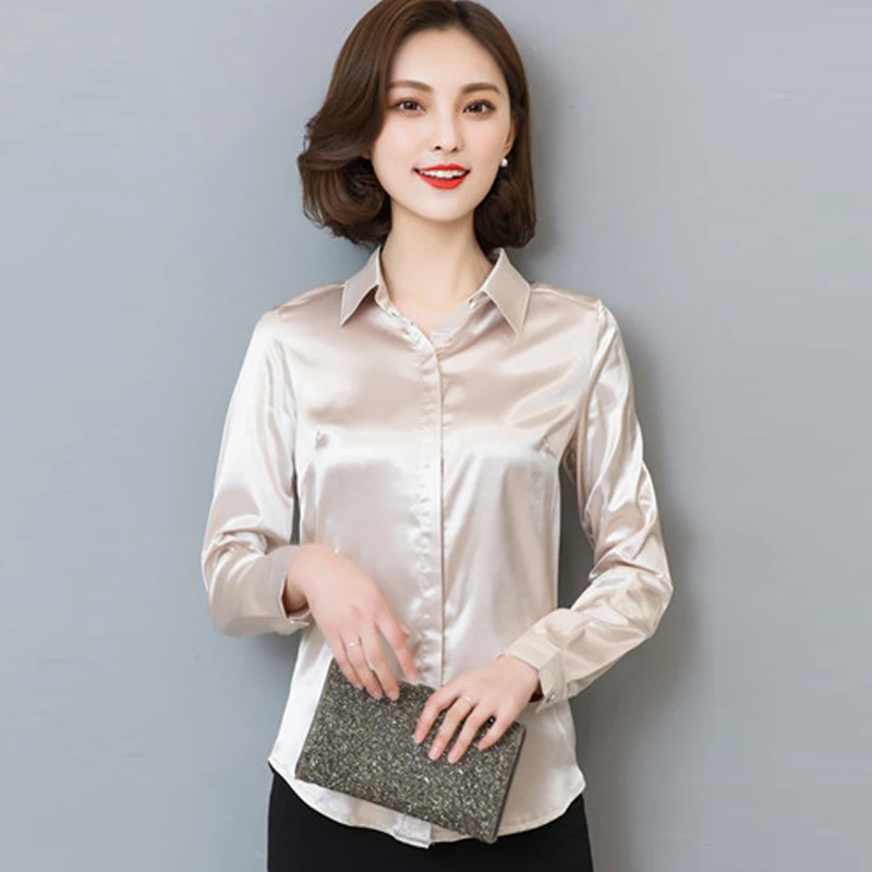 Блузка женская атласная шелковая на пуговицах элегантная офисная рубашка с