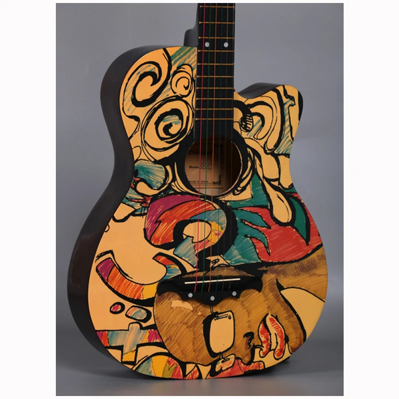 Guitar Personality 38 Inches Linden Wood Folk Color Pattern Semi-Closed Knob Beginner's Introduction | Спорт и развлечения
