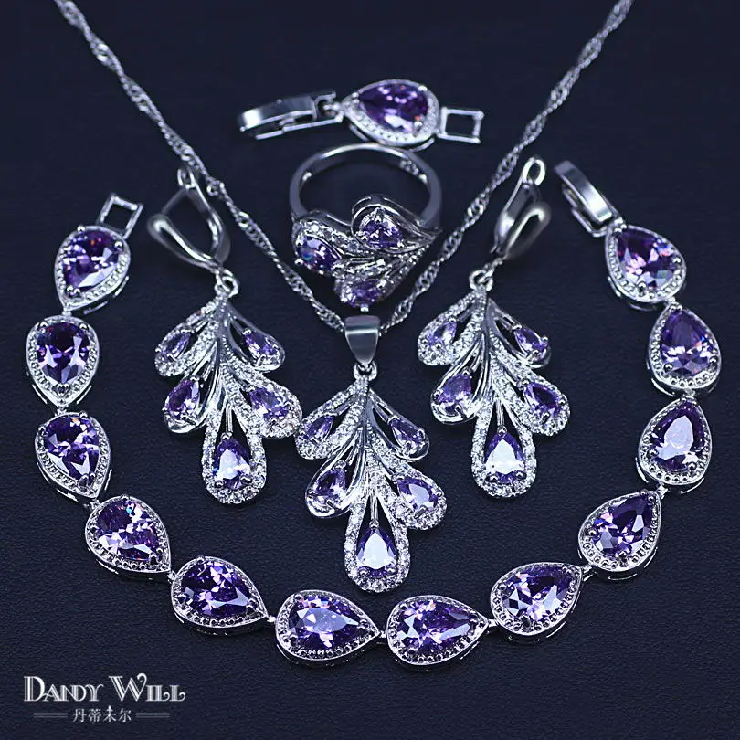 Jewelry Set 4 шт большой лист многоцветные элегантные женские вечерние браслеты из стерлингового серебра 925 кубического циркония Ожерелье Браслеты, набор ювелирных украшений - Окраска металла: Jewelry Set