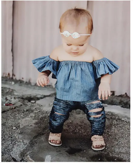 Повседневные джинсовые топы для маленьких девочек однотонные футболки блузы с длинными рукавами детей 0 4