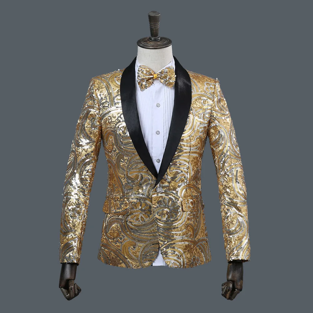 New Slim Male Suits Blazer Gold Sequins Embroidery Fashion Men Performance Costume Stage Wear Star Concert Jacket Coat | Мужская одежда
