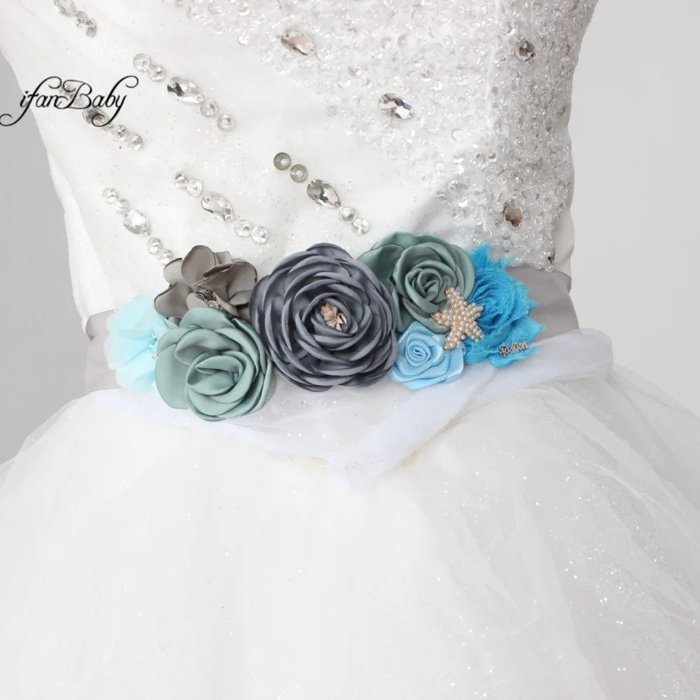 Blue Grey sash belt Beach Flower Sash for Bridal wedding with rhinestone flower headband Maternity female | Аксессуары для одежды