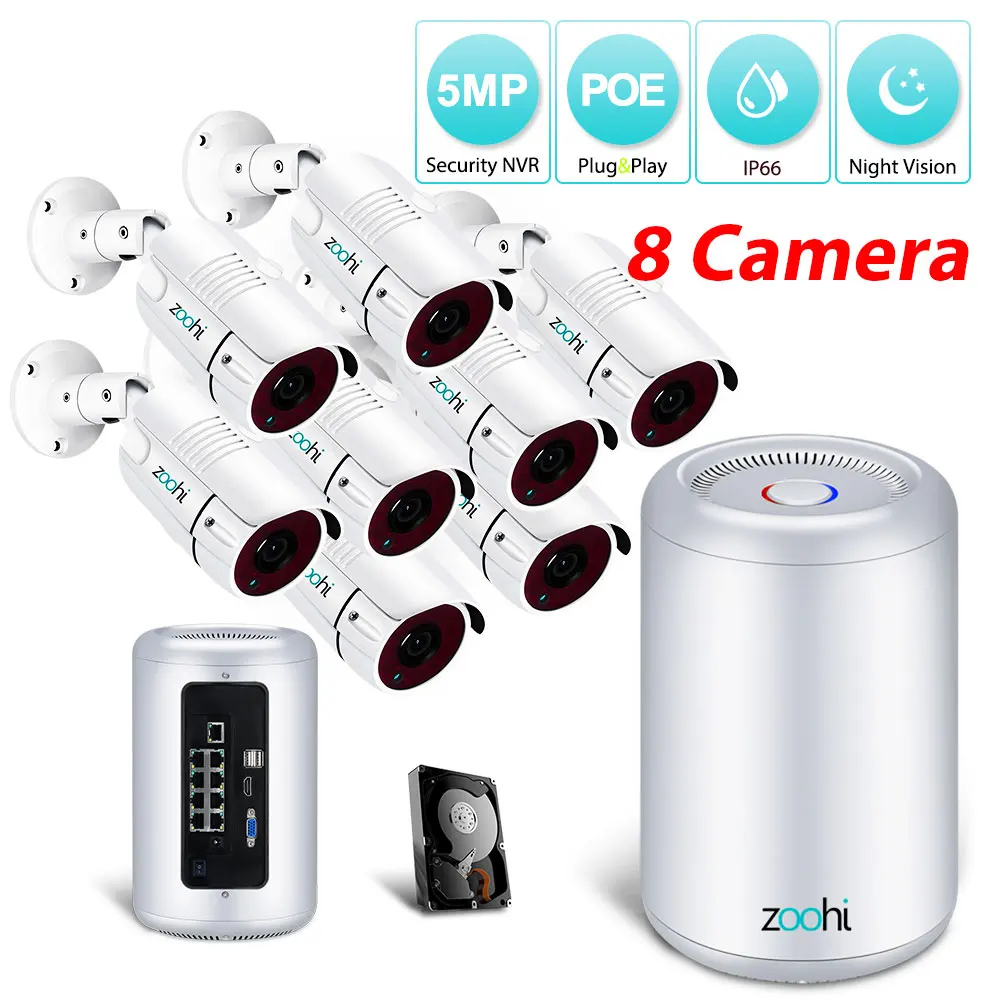 Zoohi безопасности Камера Системы POE 4CH H.265 NVR 5MP безопасности Камера Ночное видение HD открытый 8CH видеонаблюдение Системы NVR kit - Цвет: 8 CH NVR 8 Camera