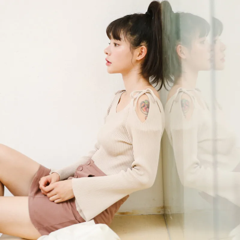 Женские свитера Kawaii Ulzzang Осень Новый с открытыми плечами свитер ремешками