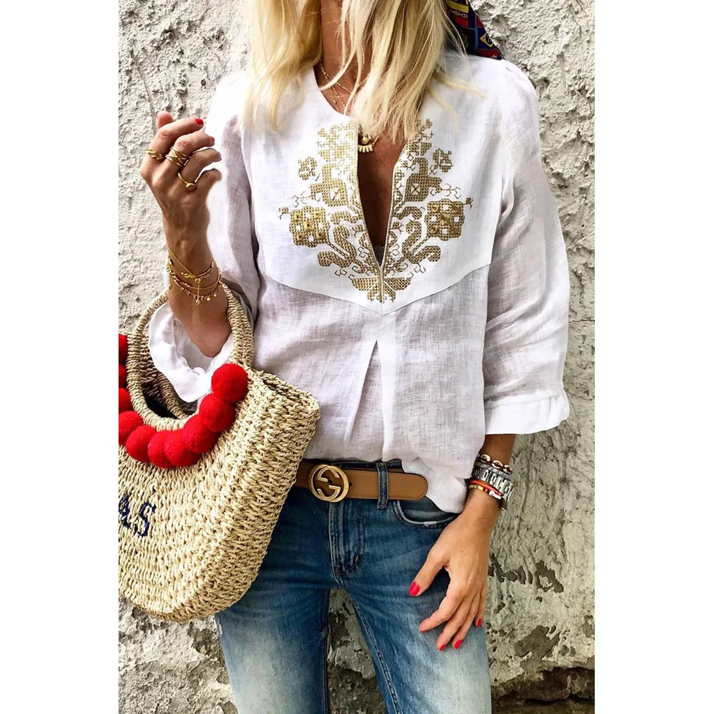Boho вышитая V шеи 3/4 рукав Повседневная Блузка
