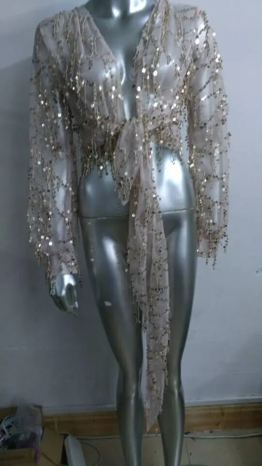 2019 Summer Sexy Outwear Plus Size Sequin Tassel Cardigans Sequined Mesh Women Long Sleeve Queen Party Shirts |