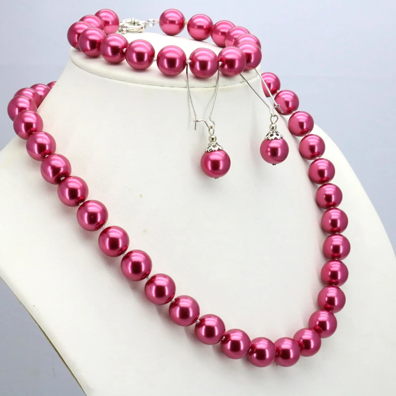 Rose red glass pearl necklace set 12mm 18&quotbracelet 7.5&quot earring women jewelry making design wholesale fashion style | Украшения и