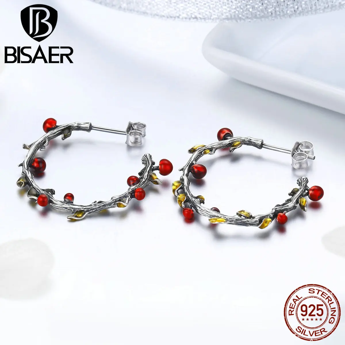 BISAER Newe дизайнерские круглые серьги, 925 пробы, серебряные, красные, ягоды, фрукты, серьги-кольца для женщин, уникальные ювелирные изделия, бижутерия HSE443