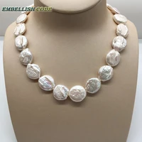 18mm bead unusual baroque choker statement necklace white color round coin flat shape natural freshwater pearls fold face 58cm