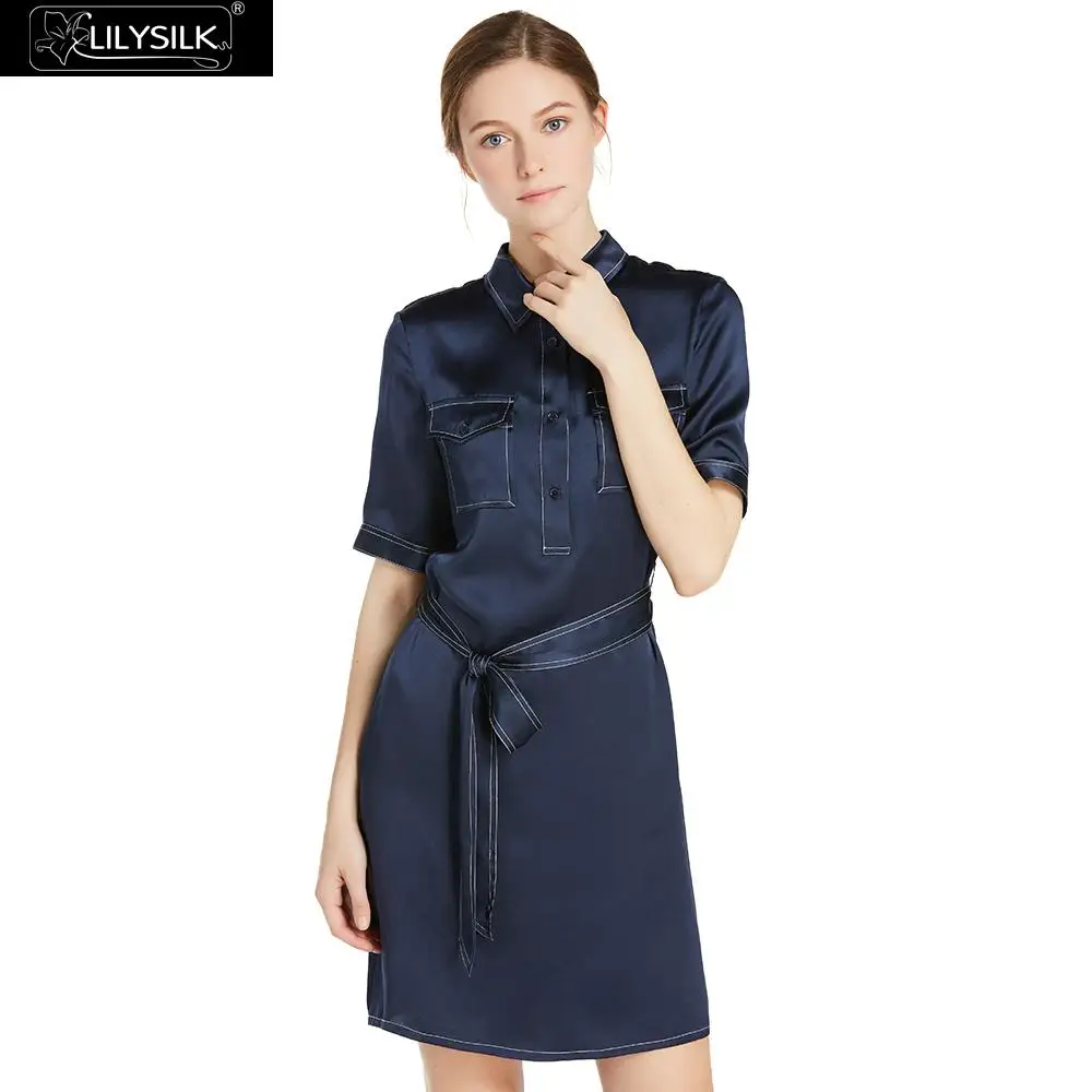 LILYSILK платье женская одежда шелк короткий рукав половина Placket летняя Бесплатная