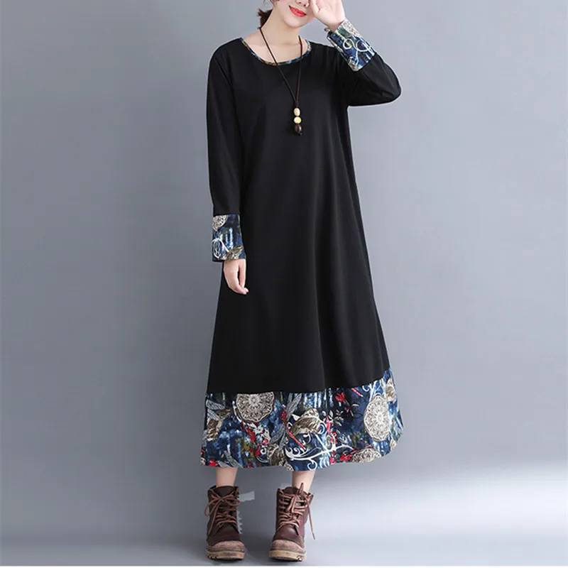 MIWIMD Hot Sale 2018 New Fashion Women Autumn Winter Casual Loose Cotton Linen Long Sleeve Stitching Print Dresses Big Size | Женская