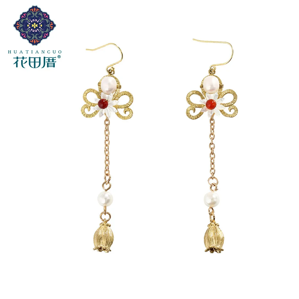 

Vintage Bud Pendant Dangle Earrings Hollow Golden Earring Pearl Sea Shell Flower Long Tassel Earring for Women EZ-180006