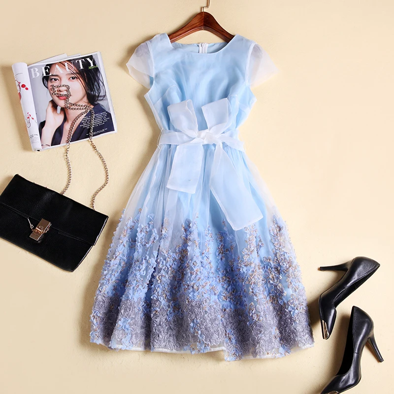 2017 летнее женское мини платье из органзы с цветочной аппликацией модное