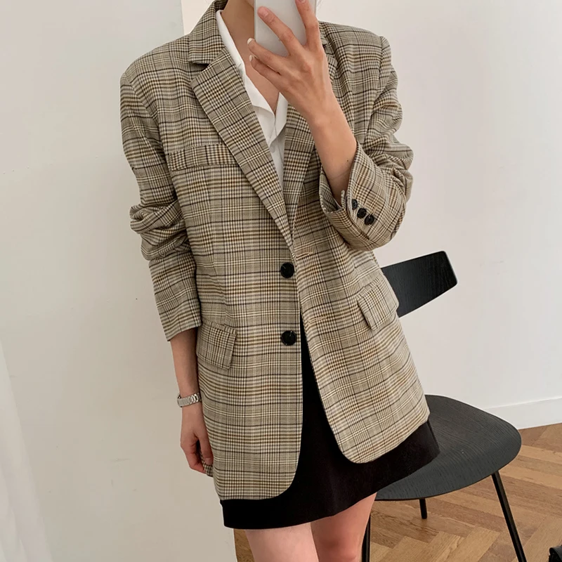 

Women's suit jacket new autumn Korean version of the loose straight casual suit plaid lady elegant jacket 2019