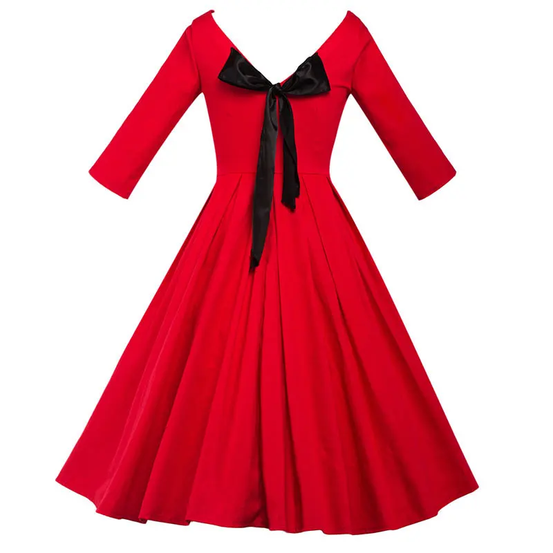 4XL размера плюс 50s рокабилли платье с бантом зеленый красный длинный рукав осенние женские повседневные Свинг платья V образным вырезом Robe Femme Vestidos