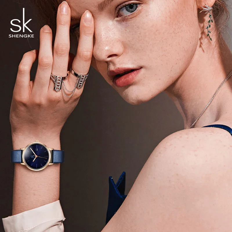 Часы Shengke женские кварцевые с кожаным ремешком Модные Элегантные Дизайнерские