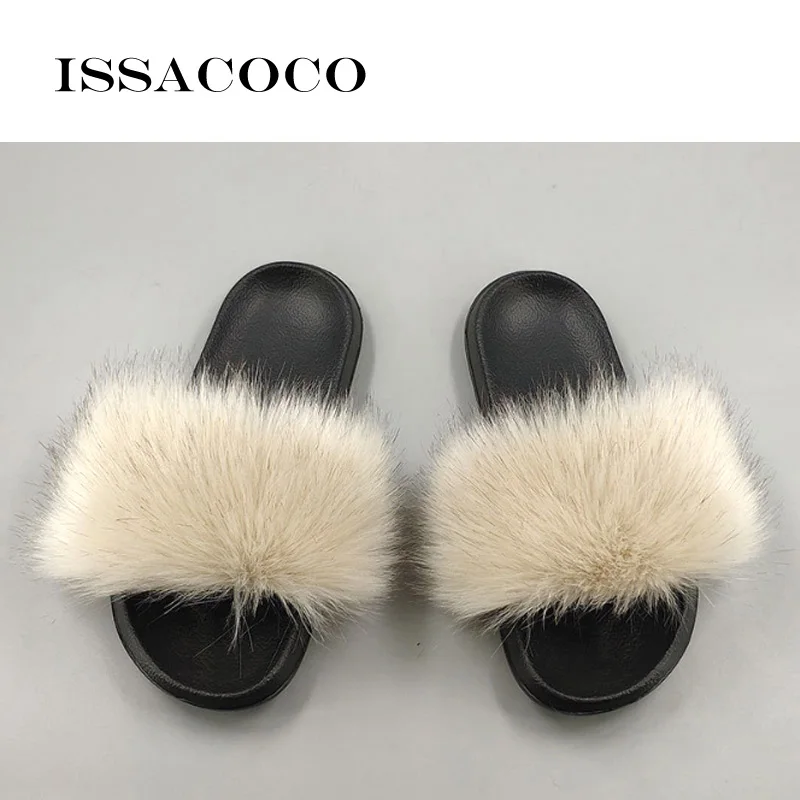 Beige ISSACOCO/женские шлепанцы из натурального Лисьего меха; женские нескользящие пушистые меховые тапочки; женские пушистые тапочки; милые плюшевые тапочки с лисьим мехом - Цвет: Beige