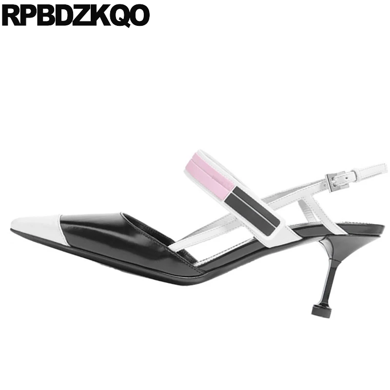 дизайнер Корейский Slingback черное и белое сандалии с двойным ремнем закрытый носок
