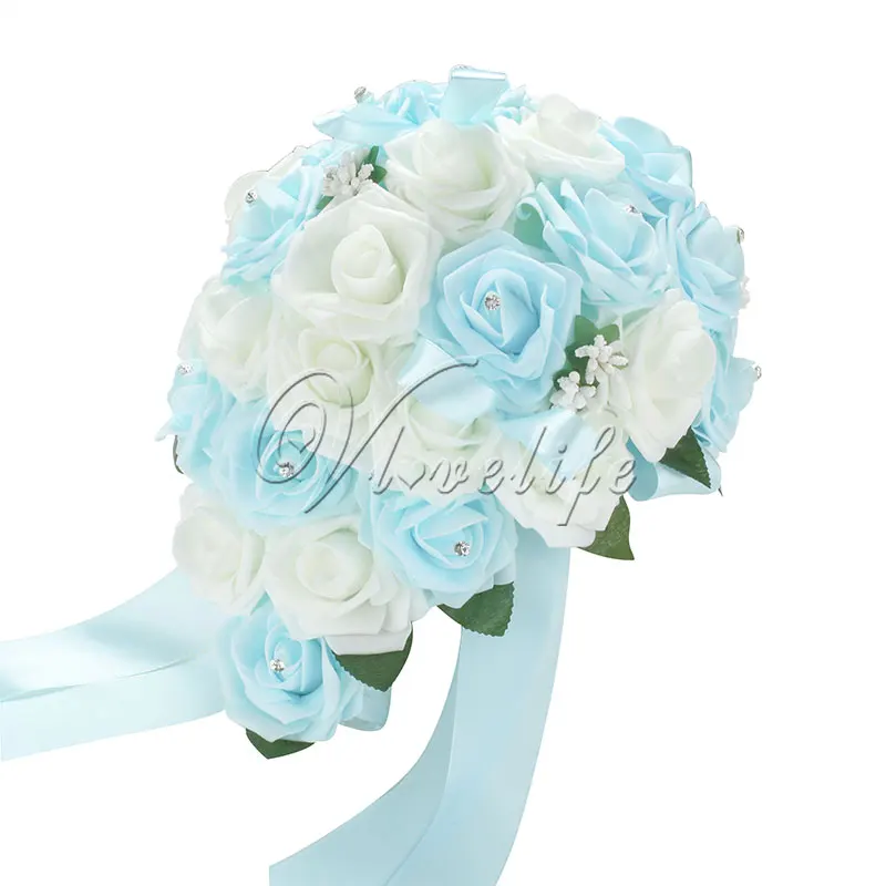 white and sky blue Новейший свадебный букет, искусственные цветы, роза, кристалл, каплевидный букет невесты, подружки невесты, девушка, украшение палочкой - Цвет: white and sky blue