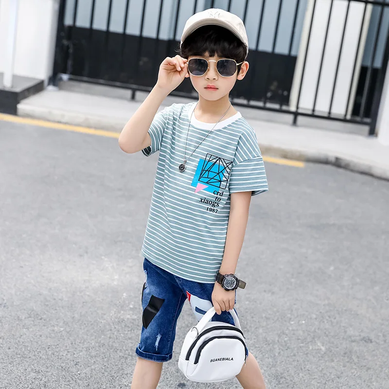 2019 Toddler Boy Summer Clothes Big Boys Boutique Kids Clothing Set Suits Children Outfits Striped T-shirts + Denim Shorts |