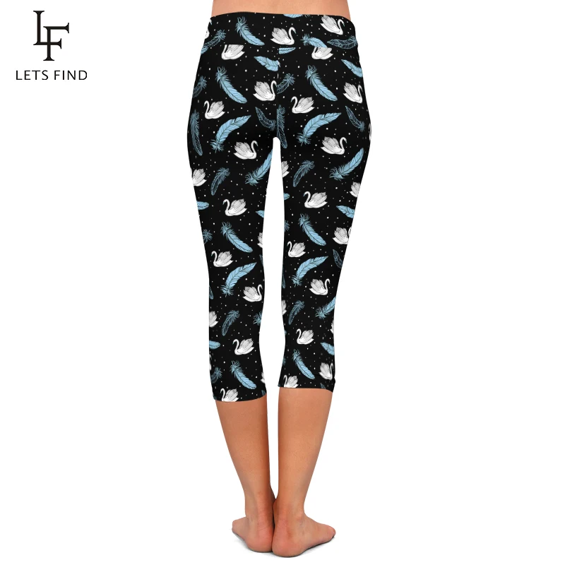 LETSFIND лебедей и перья цифровая печать Фитнес черные Капри-гетры с высокой талией