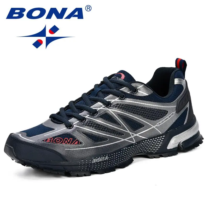 DEEP BLUE SLIVERGREY BONA New Fashion Outdoor Men Casual Shoes Trendy Comfortable Mens Sneakers Breathable Lightweight Man Walking Trainers - Цвет: DEEP BLUE SLIVERGREY