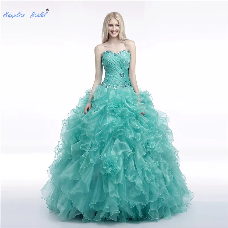 

Sapphire Bridal Sweetheart Long Party Gowns Vestido De 15 Anos De Ball Gown Mitzvah Kleider Ruffles Beading Quinceanera Dress