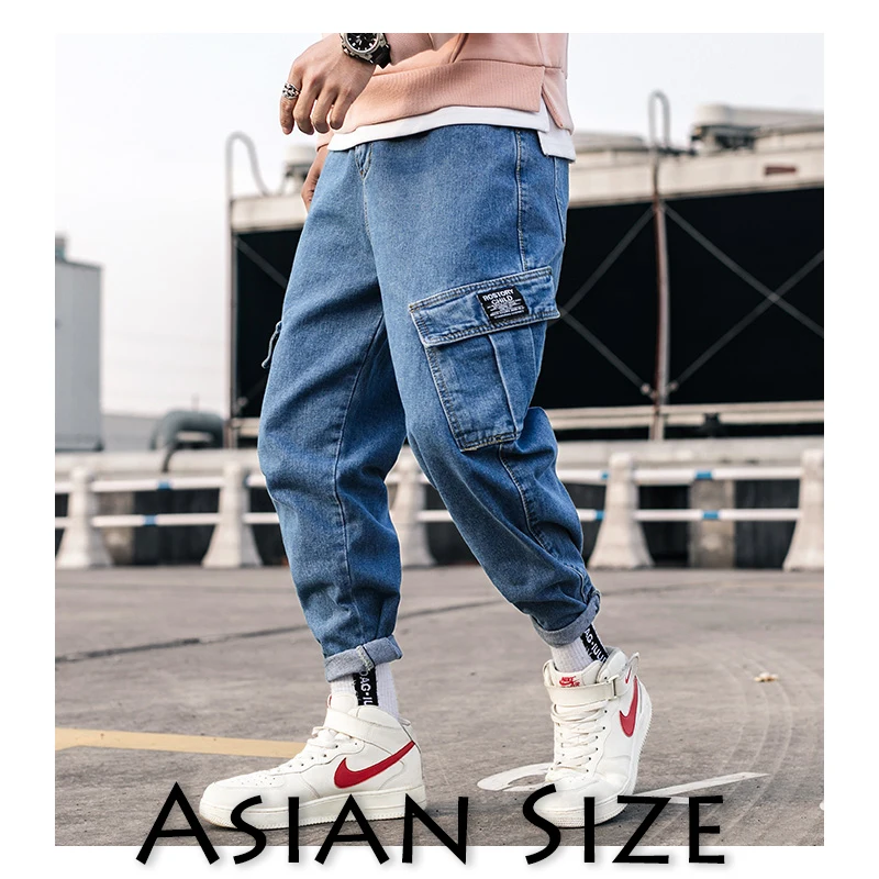Blue(Asian Size) Privathinker, уличная одежда, синие джинсы, брюки для мужчин,, мужские s карманы, хип-хоп комбинезоны, брюки-карго, мужские свободные модные джинсовые штаны-шаровары - Цвет: Blue(Asian Size)