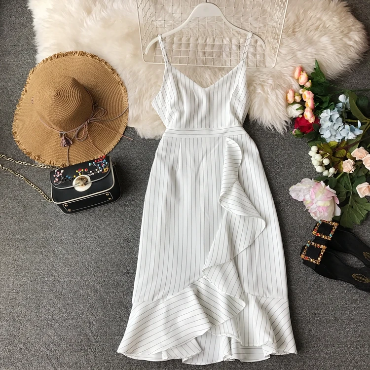 Женское Полосатое платье ALPHALMODA на тонких бретельках облегающее асимметричное с