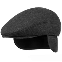 ht1405 warm winter hats with ear flap men retro beret caps solid black wool felt hats for men thick forward flat ivy cap dad hat