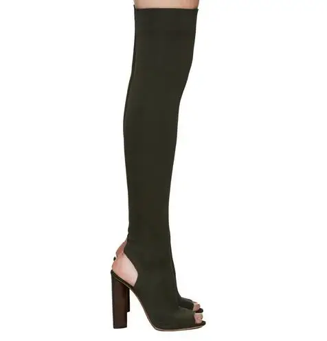 Черные эластичные Замшевые Сапоги выше колена с открытым носком вязаные сапоги